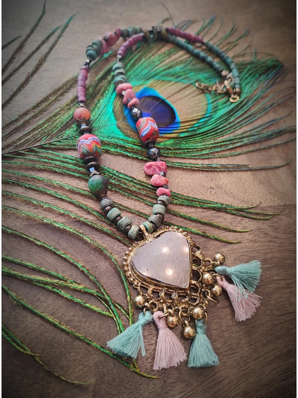 Szives, tükrös bohém nyaklánc- ásványokkal