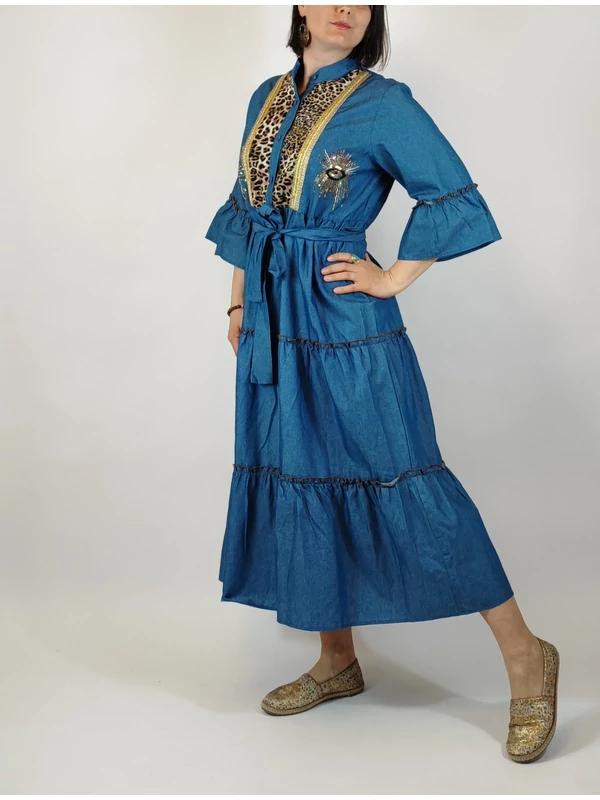 Vagány farmer ruha - leopárdos, gyöngyös