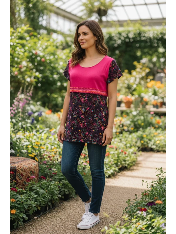 Bohém rövid ujjú felső - fukszia, fekete