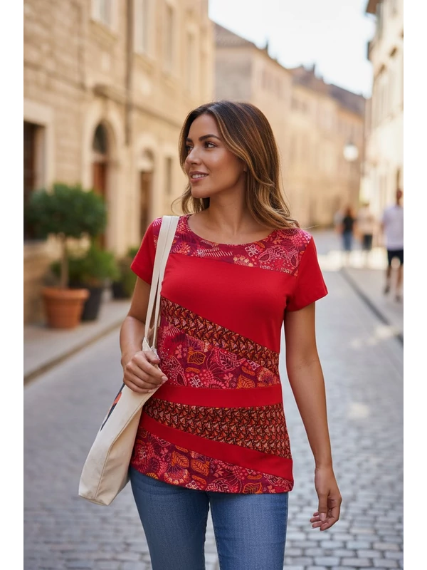Bohém rövid ujjú felső - piros leveles 
