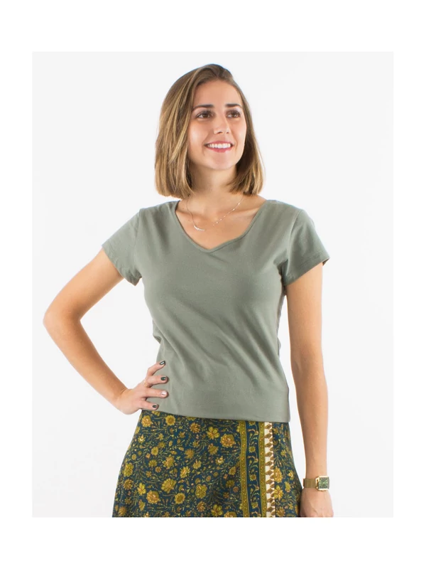 V - nyakas pamut póló - khaki