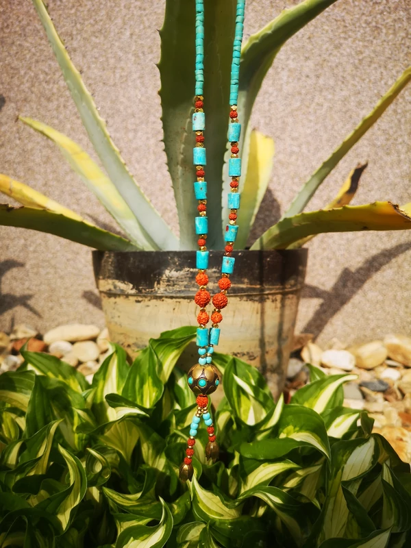 Boho nyaklánc - rudraksha, türkiz