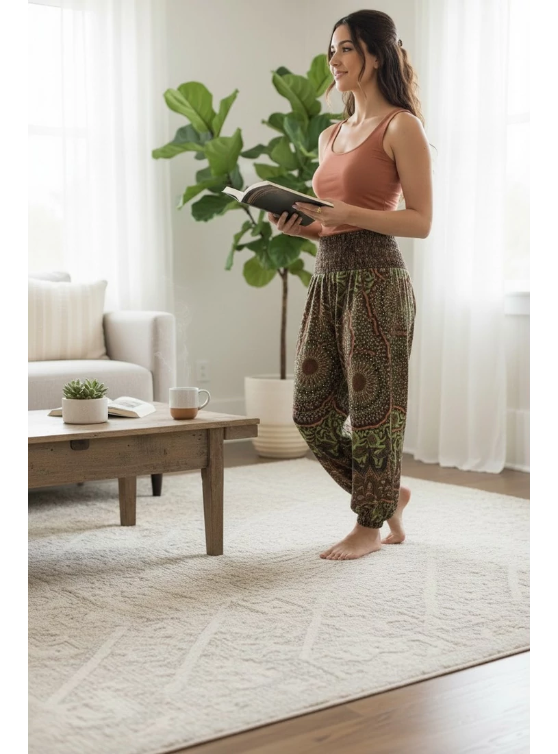 Jázmin nadrág - barna és zöld, mandalás virágos