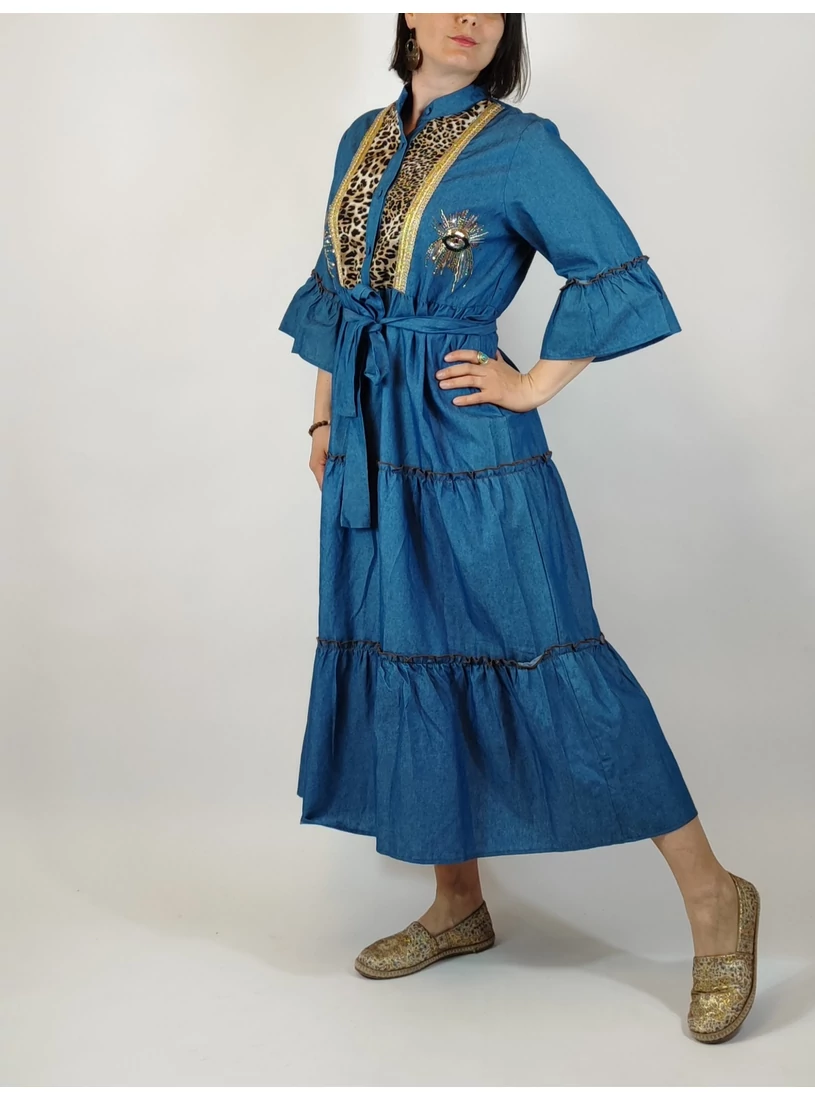 Vagány farmer ruha - leopárdos, gyöngyös