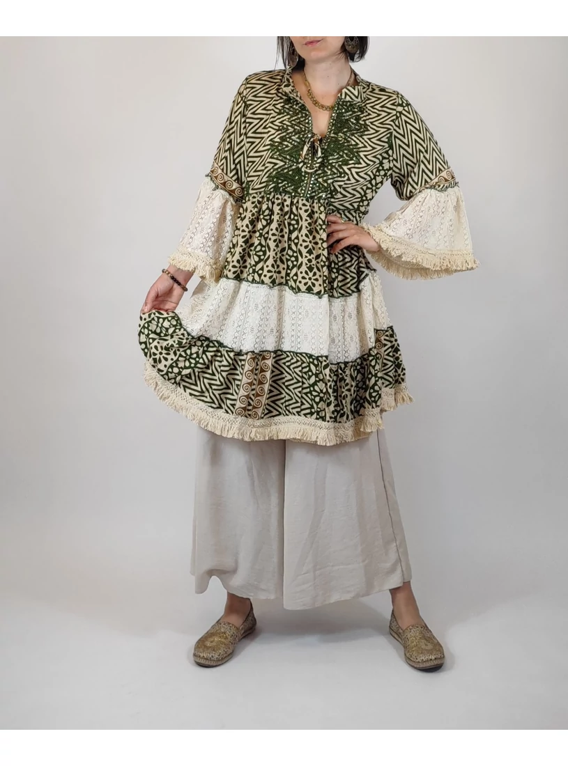 Boho fashion tunika/ruha - csipkés, zöld, arany