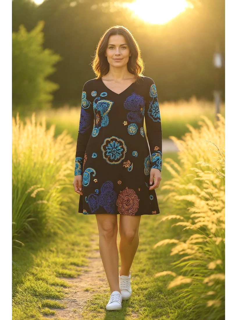 Indiai motívumos tunika  - kék, mustár