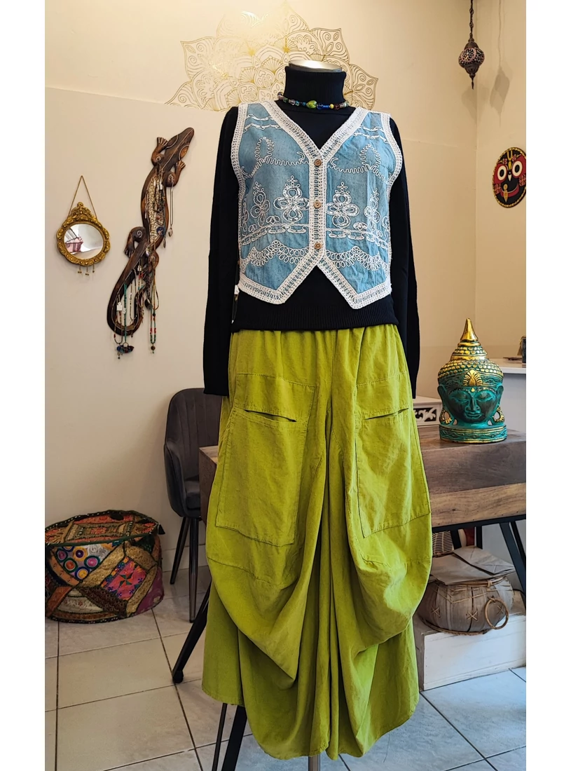 Buggyos, mikrokord nadrágszoknya -  banánzöld - 