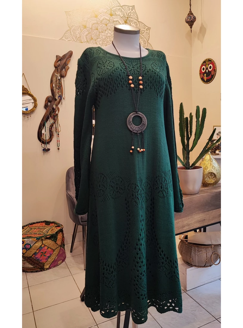 Török prémium kötöttruha nyaklánccal - mélyzöld 