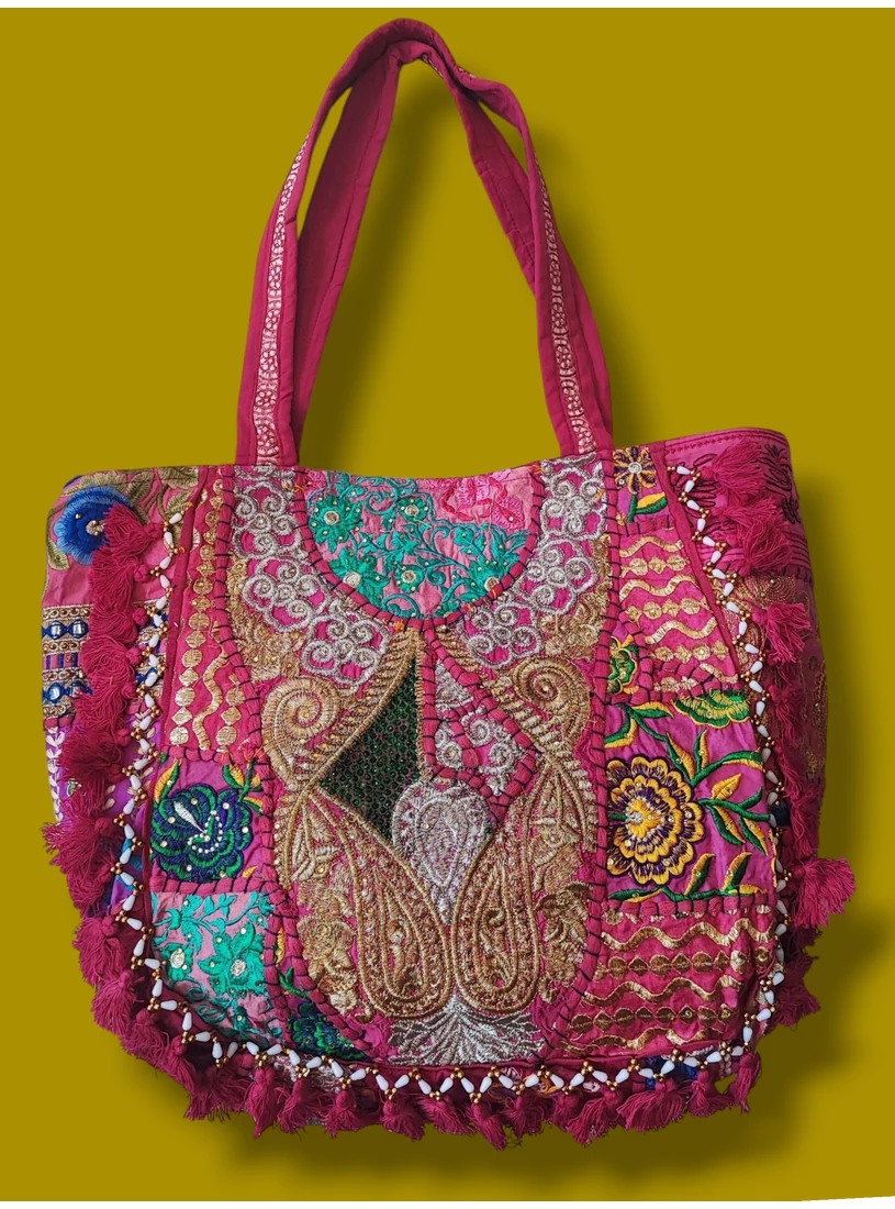 Indiai bohém válltáska, nagy méretű - rózsaszín