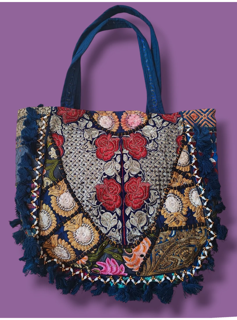 Indiai bohém válltáska, nagy méretű - kék 