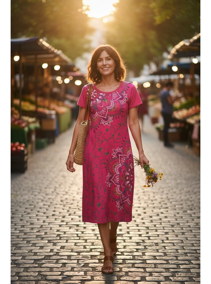 Rövid ujjú, nepáli mandalás ruha - pink, hímzett mandalás