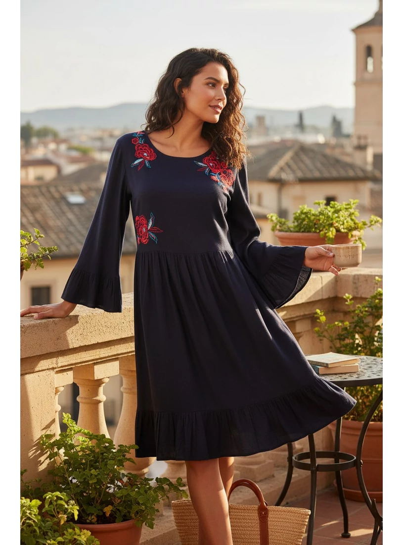 Bohém, harangujjú ruha himzésekkel - navy kék 