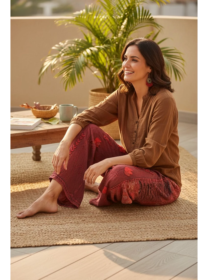 Nepáli pamut nadrág virág díszítéssel - bordó