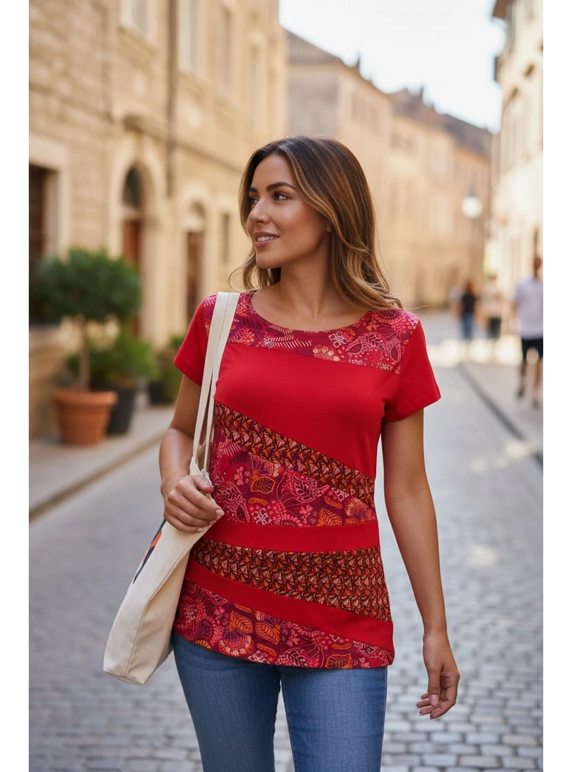 Bohém rövid ujjú felső - piros leveles 