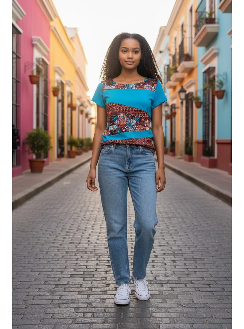 Bohém rövid ujjú felső - türkiz leveles 