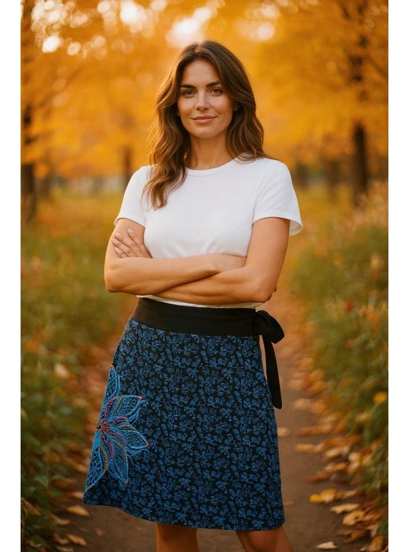 Középhosszú, nepáli szoknya - kék virágos 