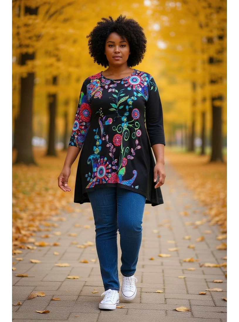 Lezser fazonú bohém tunika - szines virágos 
