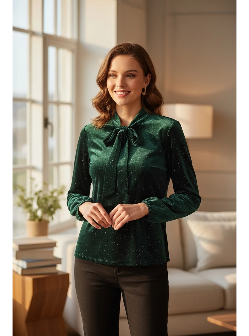 Csillogós tükörbársony hosszú ujjú - mély zöld 