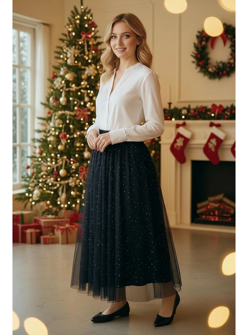 Fekete tüll szoknya - gyöngyház csillám 