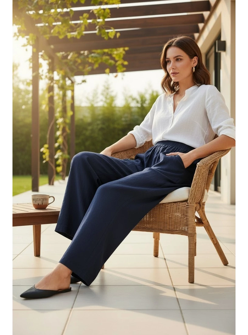 54% len 46% viszkóz nadrág - navy kék
