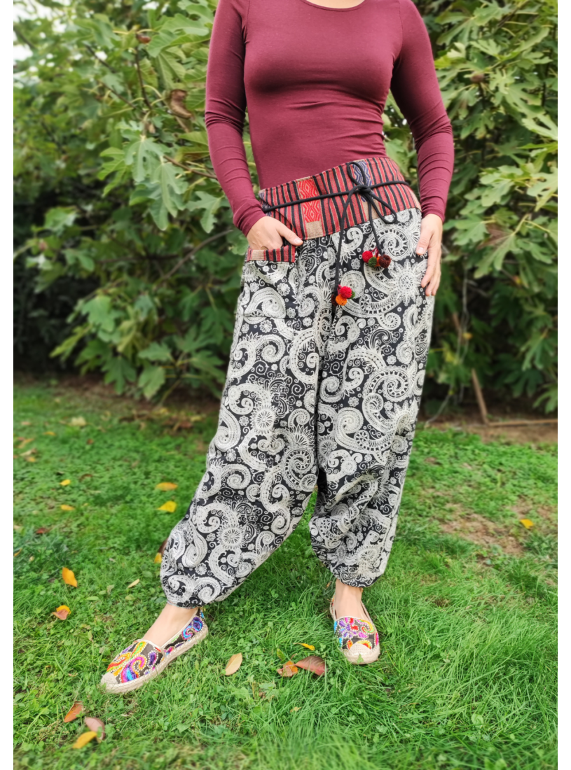 Nepáli aladdin nadrág - fekete, fehér mintás