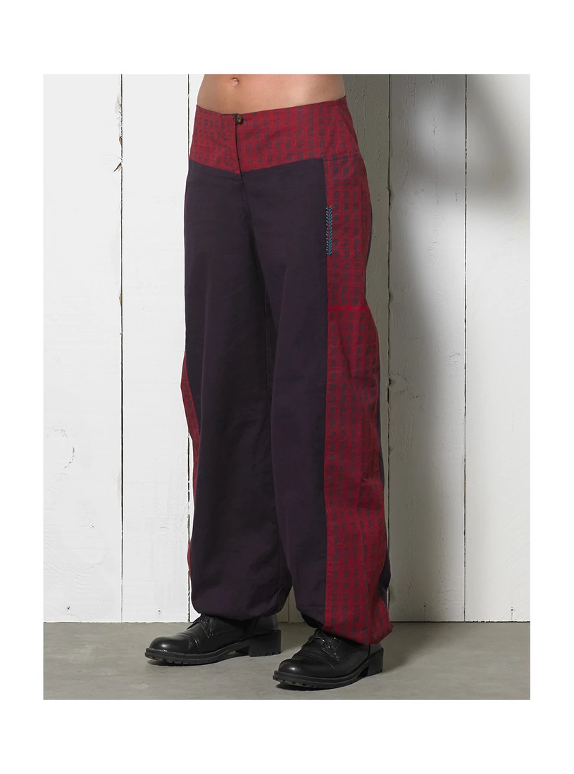 Női pamut nadrág - padlizsán, piros alapon apró mintás