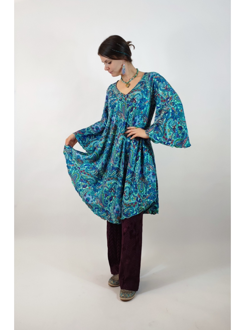 Bohém stílusú, indiai ruha / tunika - türkiz mintás