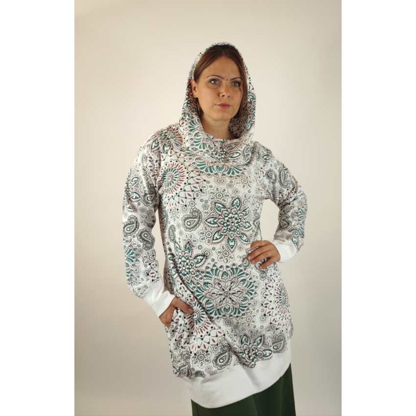 Nepáli, hosszított pulcsi - fehér, mandalás