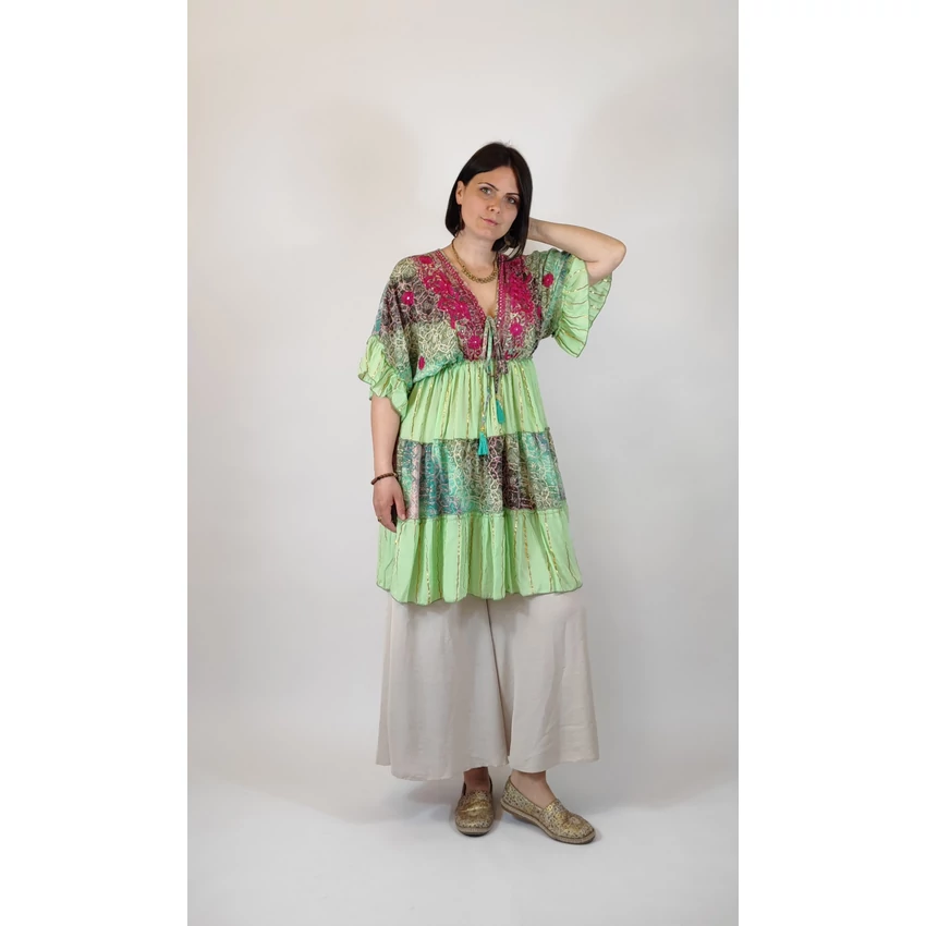 Boho fashion tunika/ruha - zöld, arany, pink 