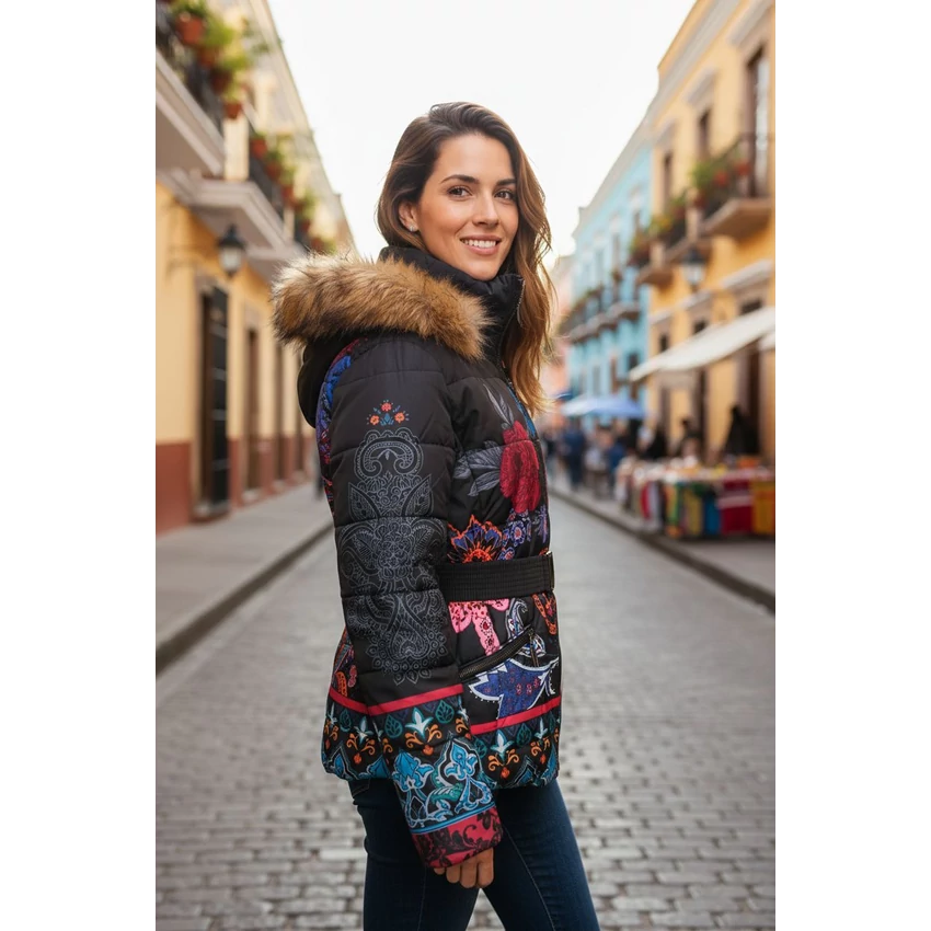 101 idees téli kabát - fekete alapon mandalás és virágos 