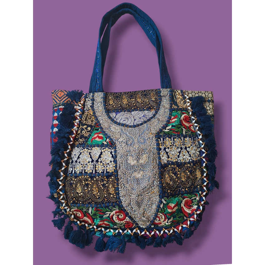 Indiai bohém válltáska, nagy méretű - kék 