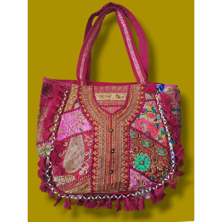 Indiai bohém válltáska, nagy méretű - rózsaszín