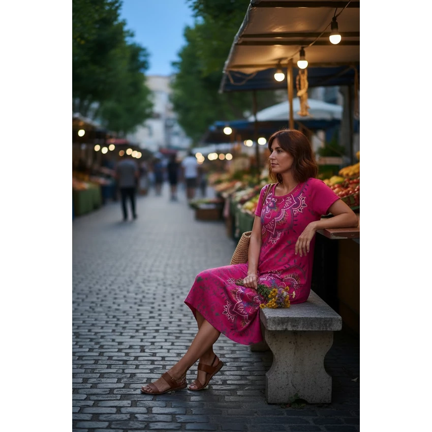 Rövid ujjú, nepáli mandalás ruha - pink, hímzett mandalás