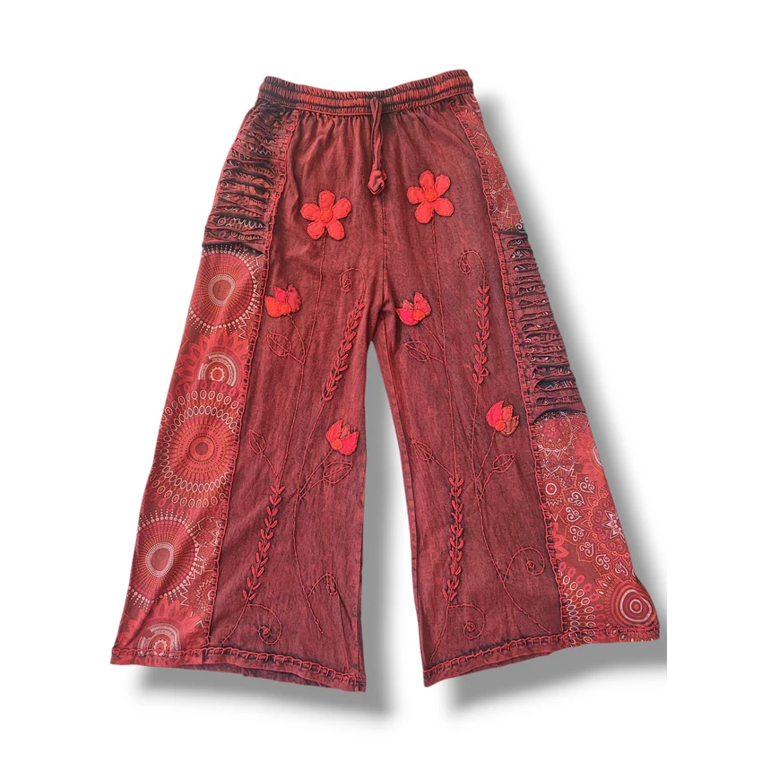 Nepáli pamut nadrág virág díszítéssel - bordó