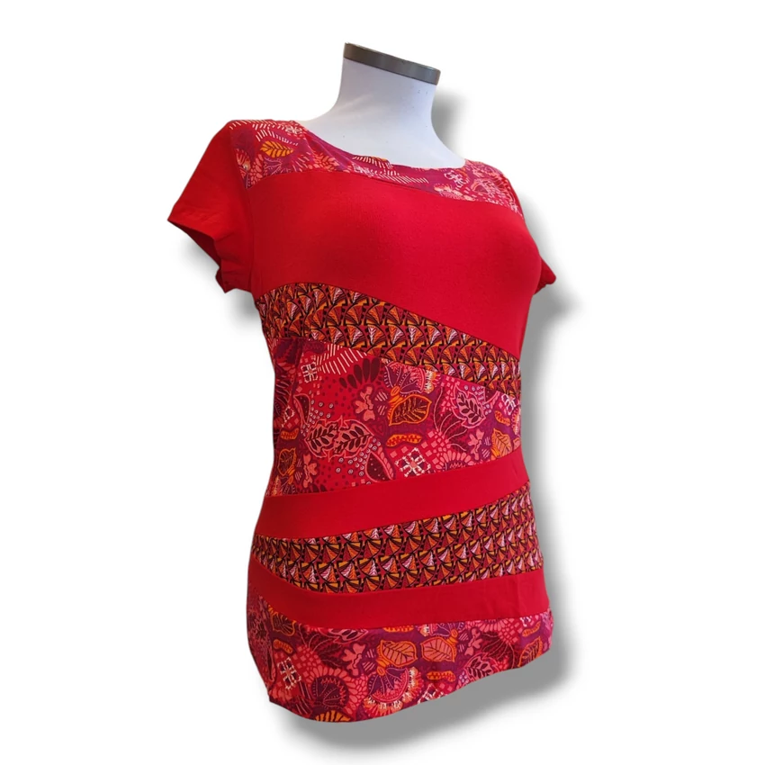 Bohém rövid ujjú felső - piros leveles 