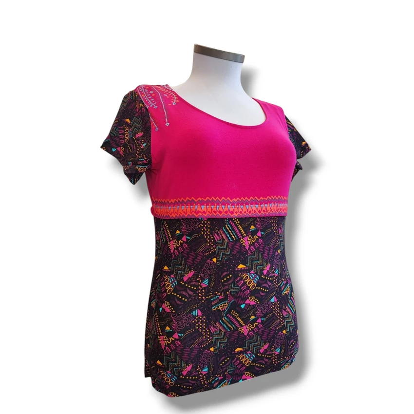 Bohém rövid ujjú felső - fukszia, fekete