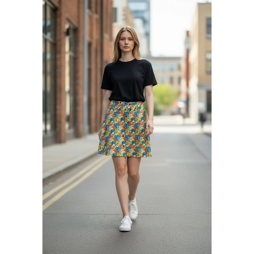 2:1 patentos szoknya- kék és sárga hullámos, lepkés