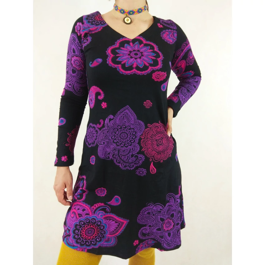 Indiai motívumos mini ruha / tunika - pink, lila