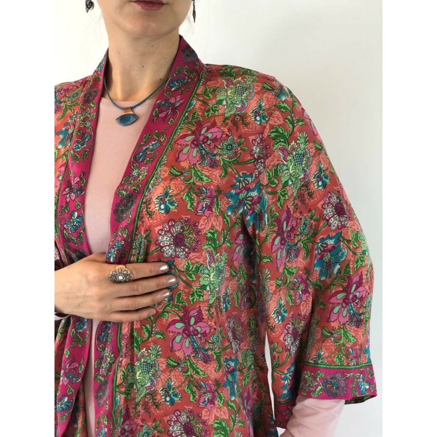 Rövid kimonó - barack színű, virágos