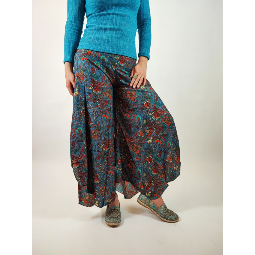 Indiai nadrág - kék, pirosvirágos