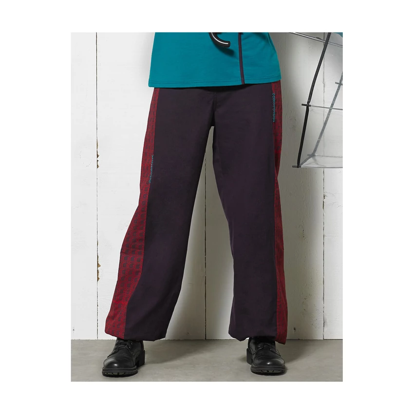 Női pamut nadrág - padlizsán, piros alapon apró mintás