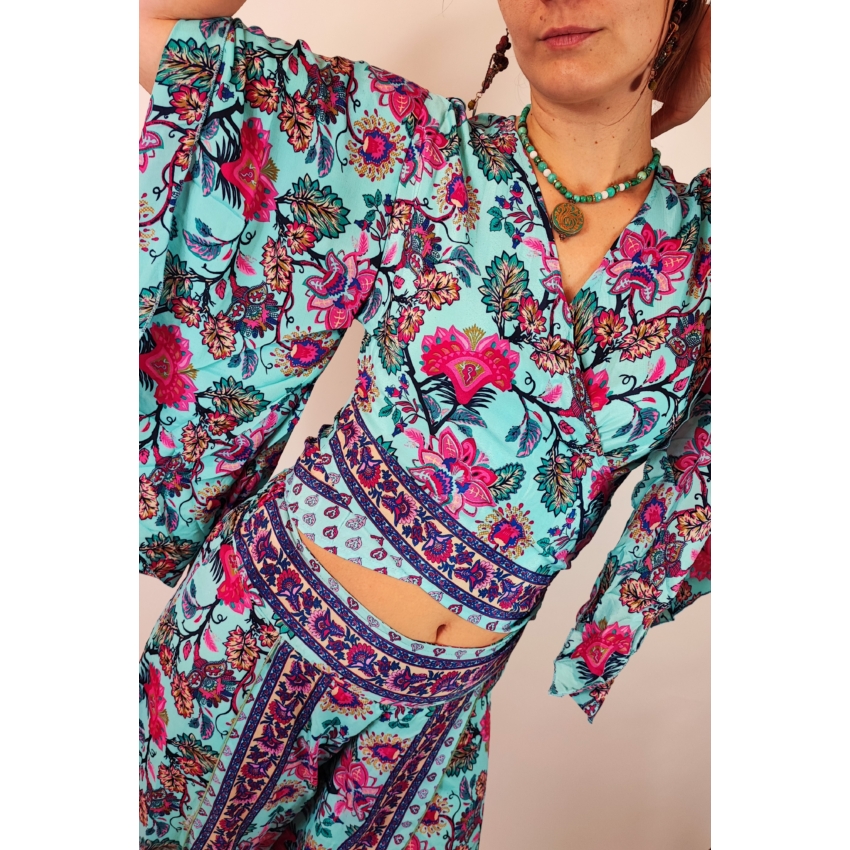 Indiai nadrág és kimonó szett - türkiz alapon, pink lótusz